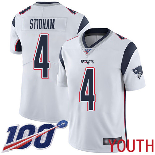 New England Patriots Limited White Youth 4 Jarrett Stidham Road NFL Jersey 100th Season